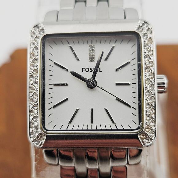 Fossil Silver Tone Crystal Bezel Chunky Watch Square Dial Bling Wide Band ES2615 - Picture 2 of 7